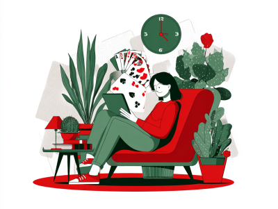 Calm illustration of an adult relaxing with a digital tablet in a cozy setting, abstract style, green and red accents, no text --ar 4:3